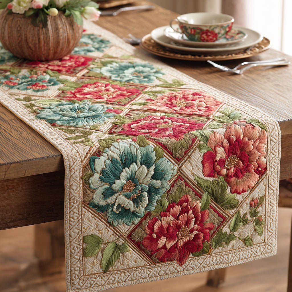 Pink and Teal Blooms in Cream Squares Table Runner