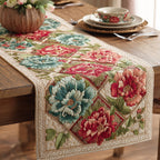Pink and Teal Blooms in Cream Squares Table Runner