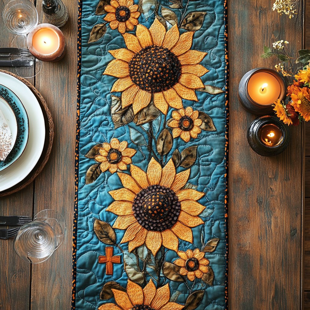 Sunflowers on Teal Quilted Panel Table Runner