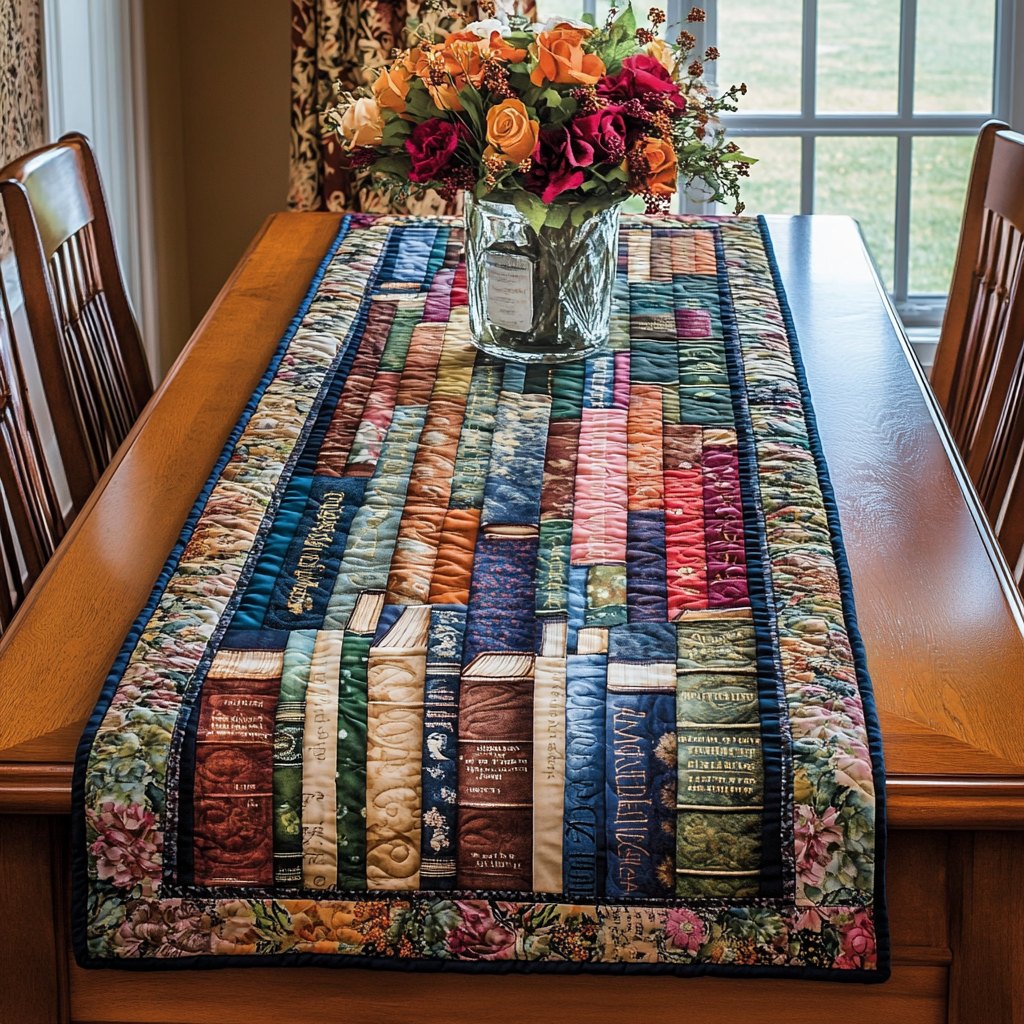 Bookshelf with Patterned Spines Table Runner