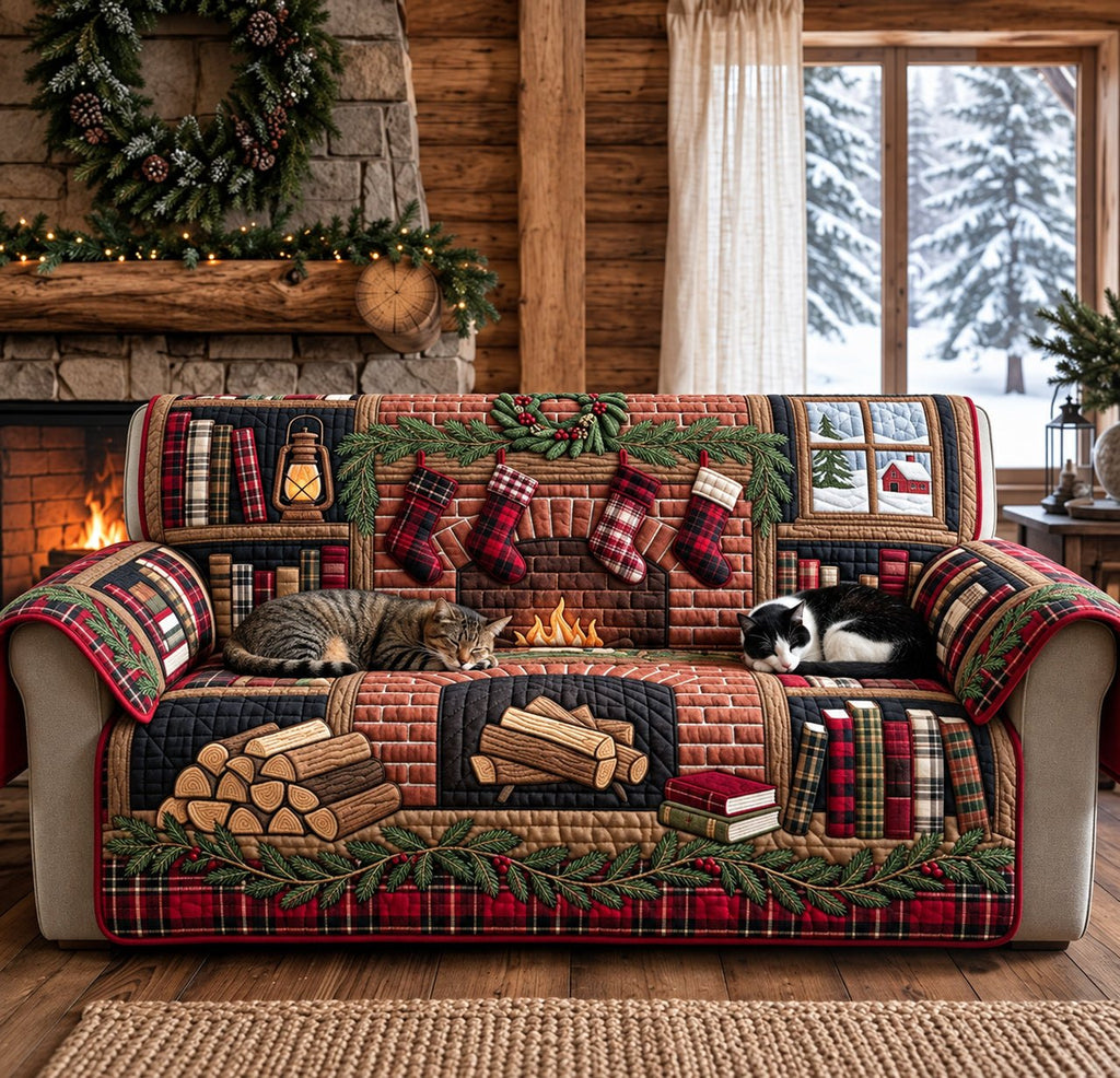 Rustic Log Fireplace Stockings Sofa Cover