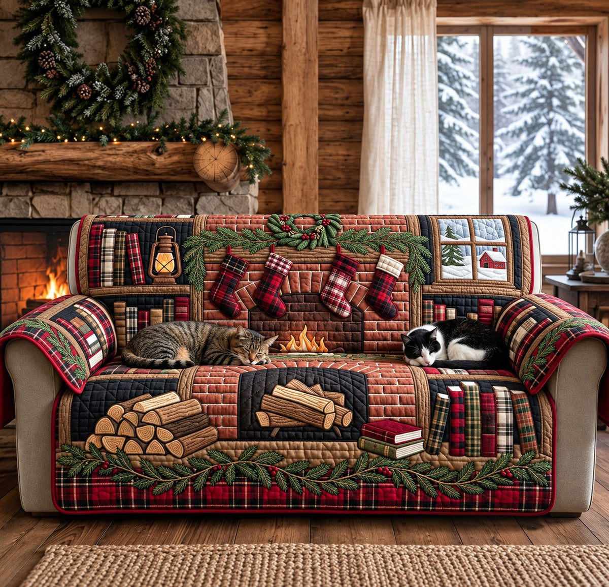 Rustic Log Fireplace Stockings Sofa Cover