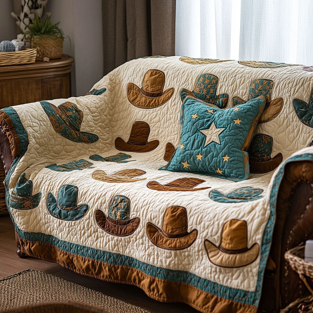 Cowboy Hats on Cream and Teal Sofa Cover