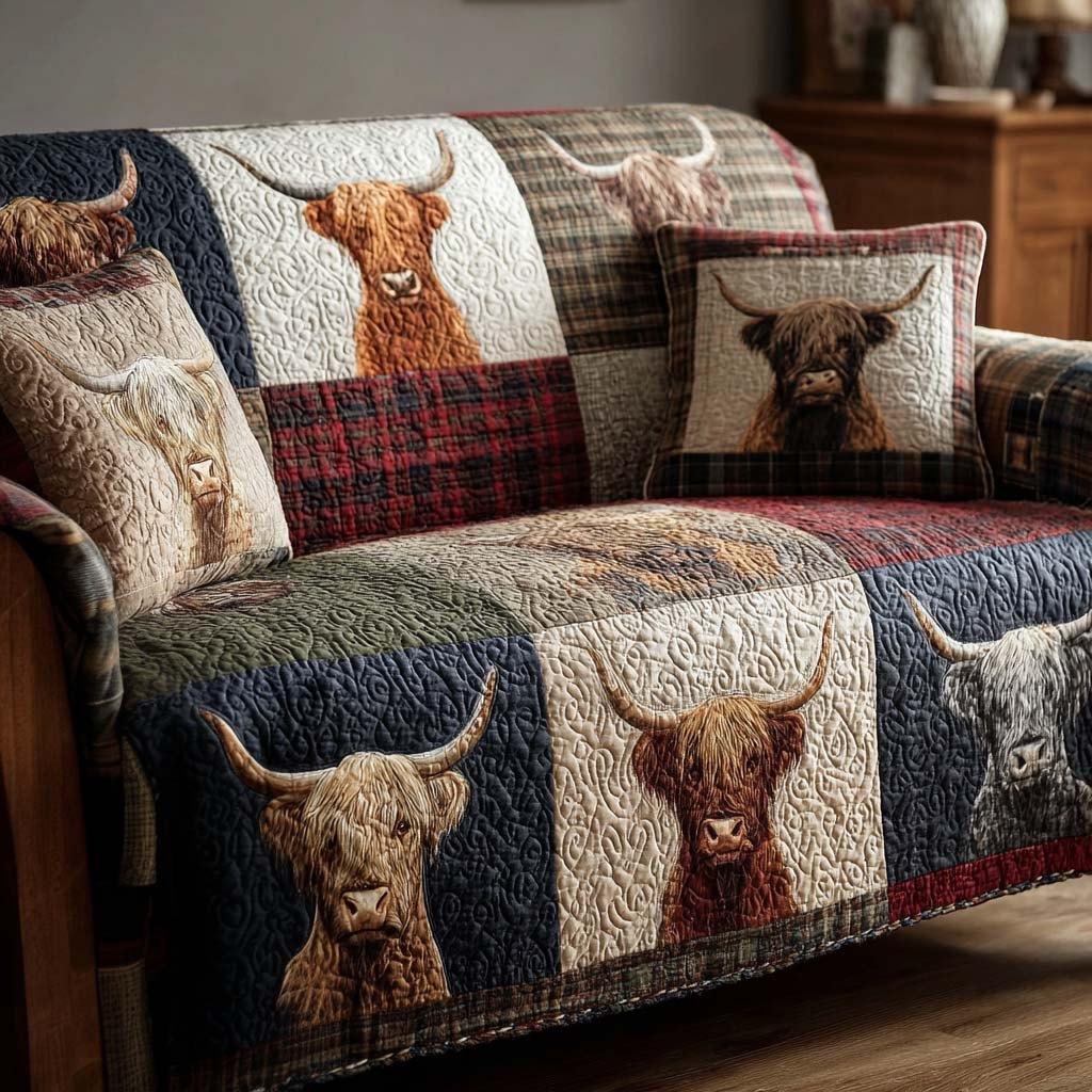 Highland Cows on Plaid and Navy Sofa Cover