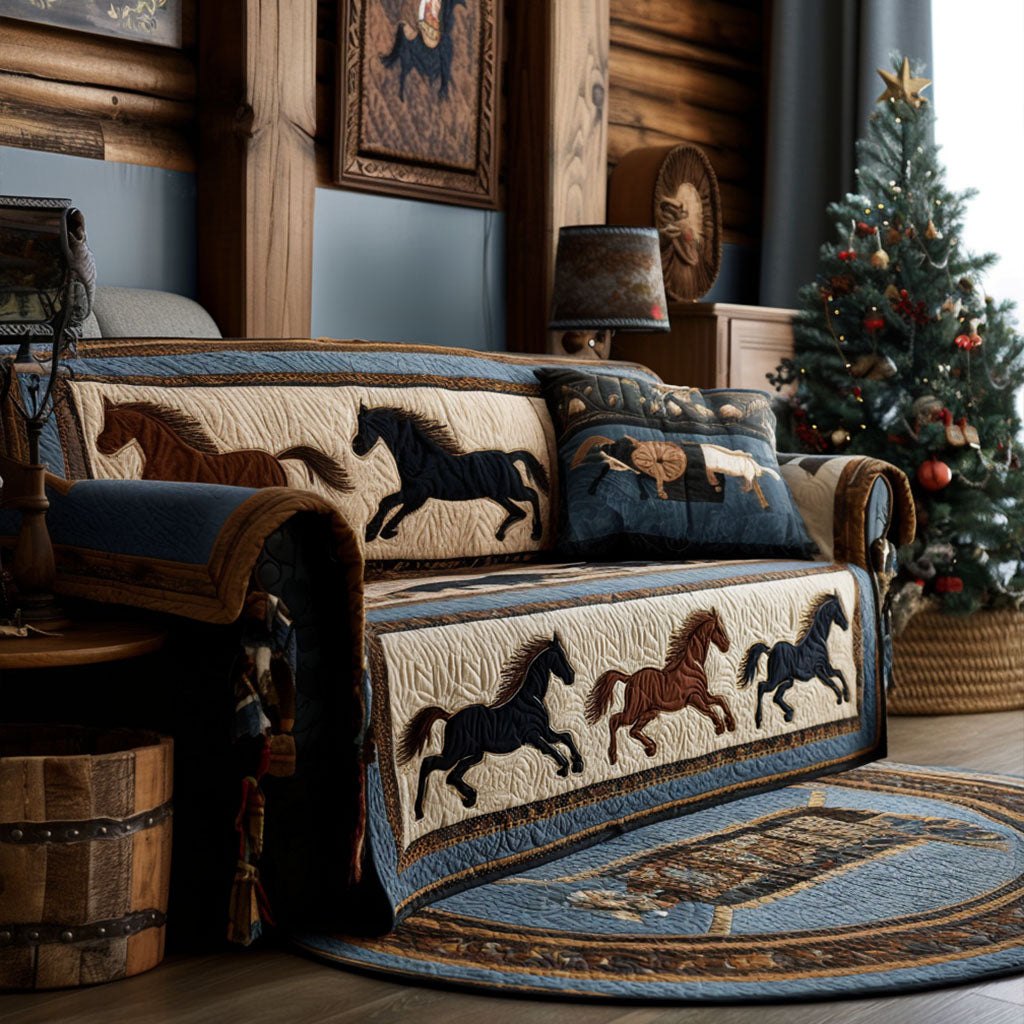 Horses on Blue Southwest Quilt Sofa Cover