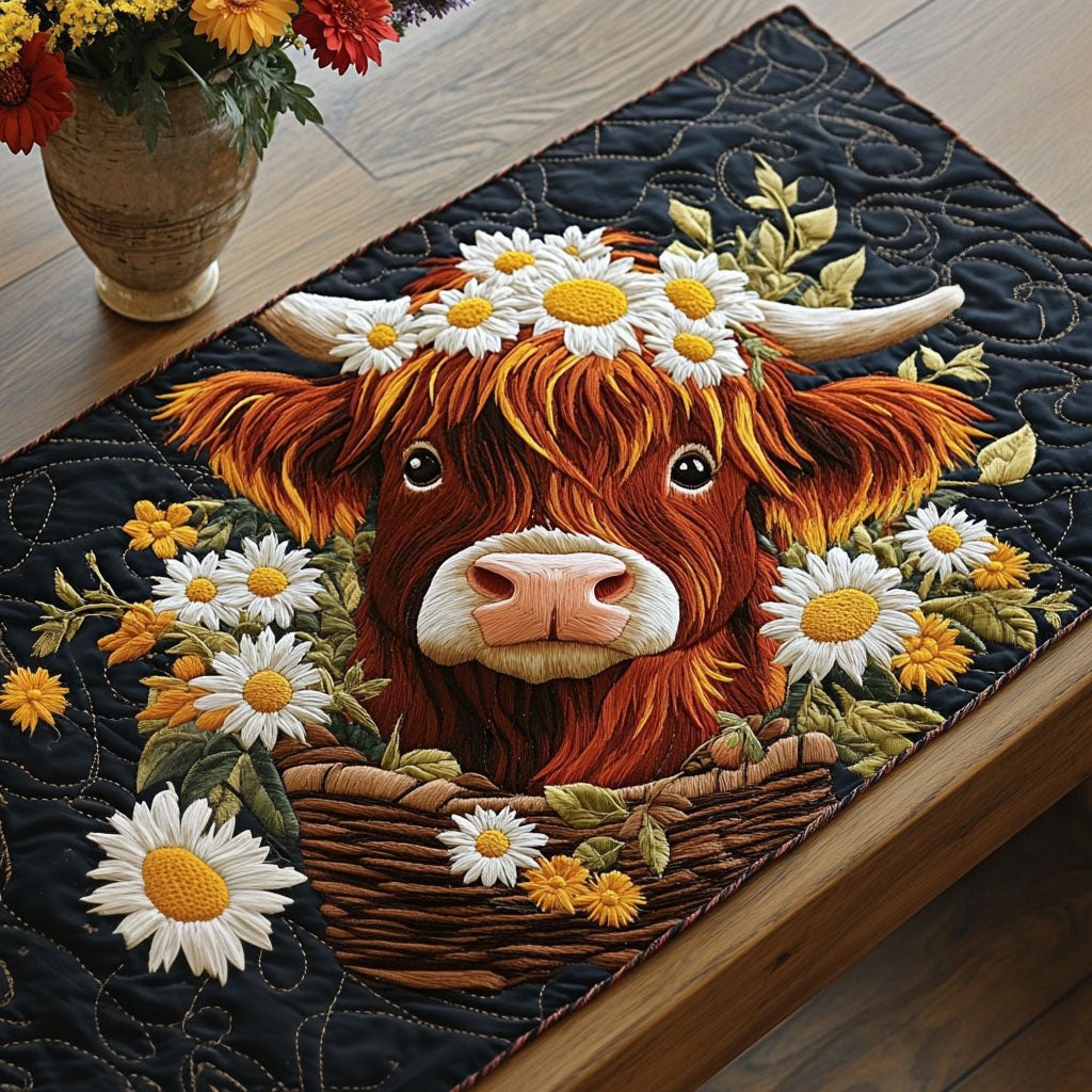 Highland Cow with White Daisies Table Runner
