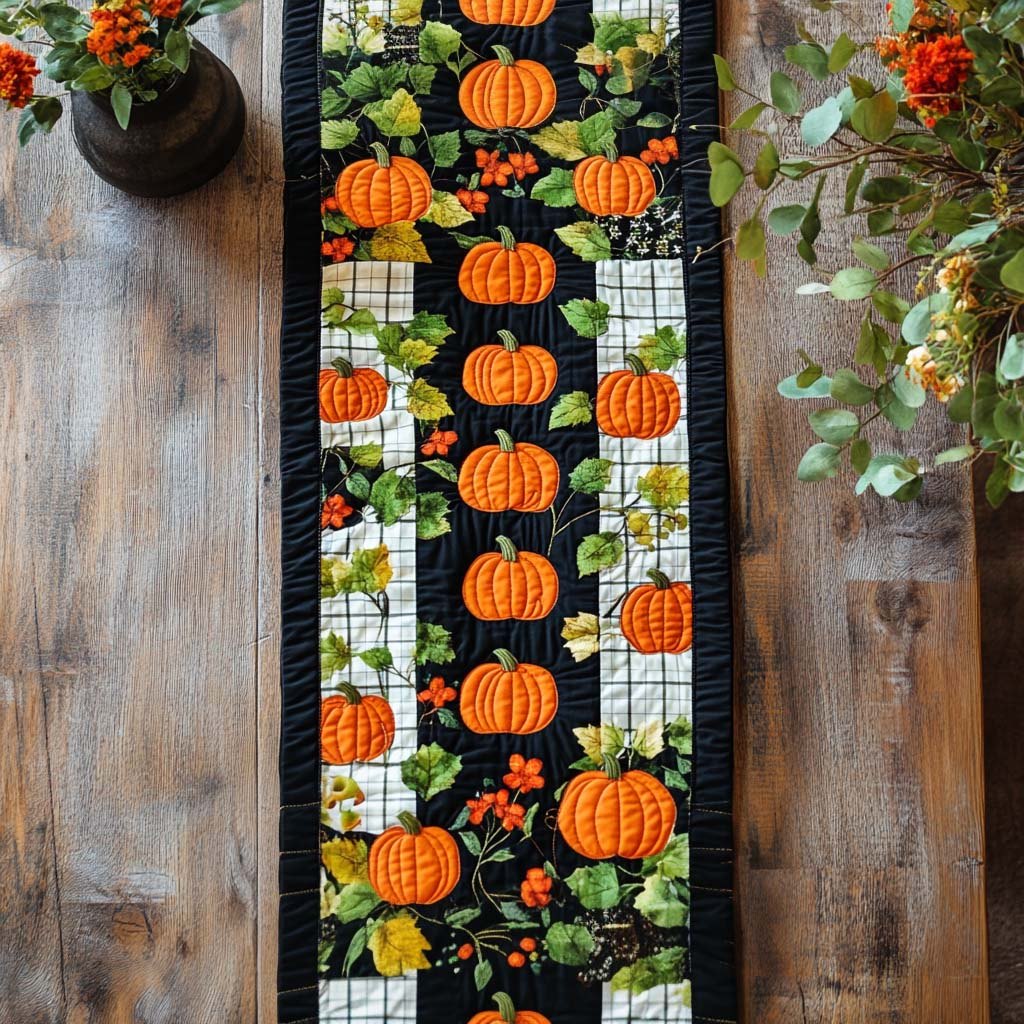 Pumpkins on Black Striped Panel Table Runner