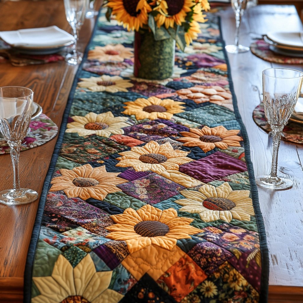 Sunflowers with Autumn Patchwork Table Runner