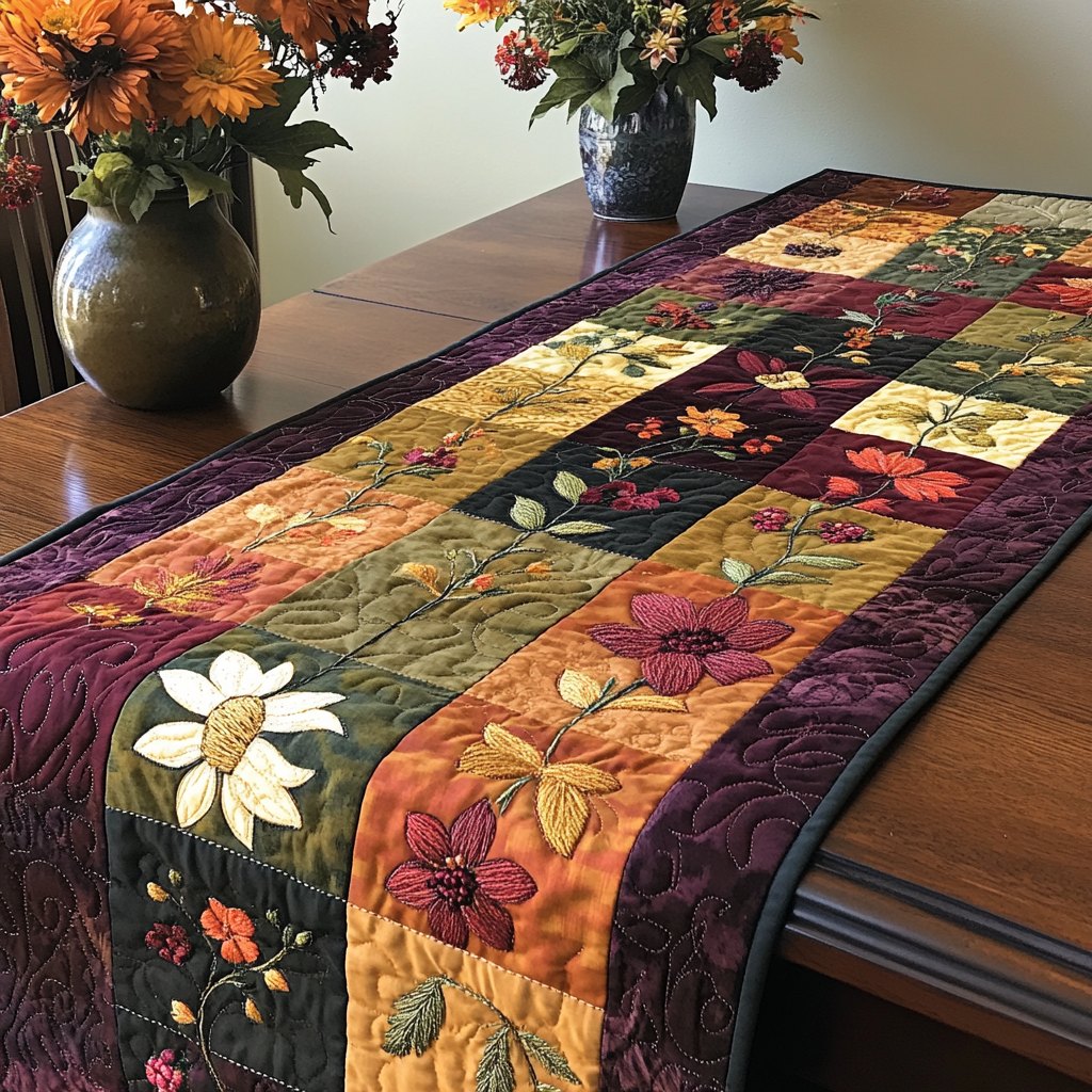 Autumn Leaves and Flowers on Stripes Table Runner