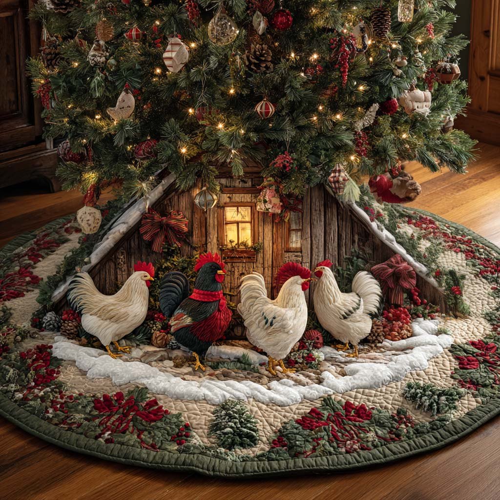 Rustic Christmas Roosters Christmas Tree Skirt