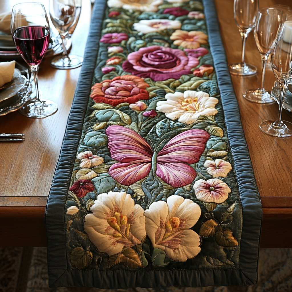 Butterfly with Flowers on Green Table Runner