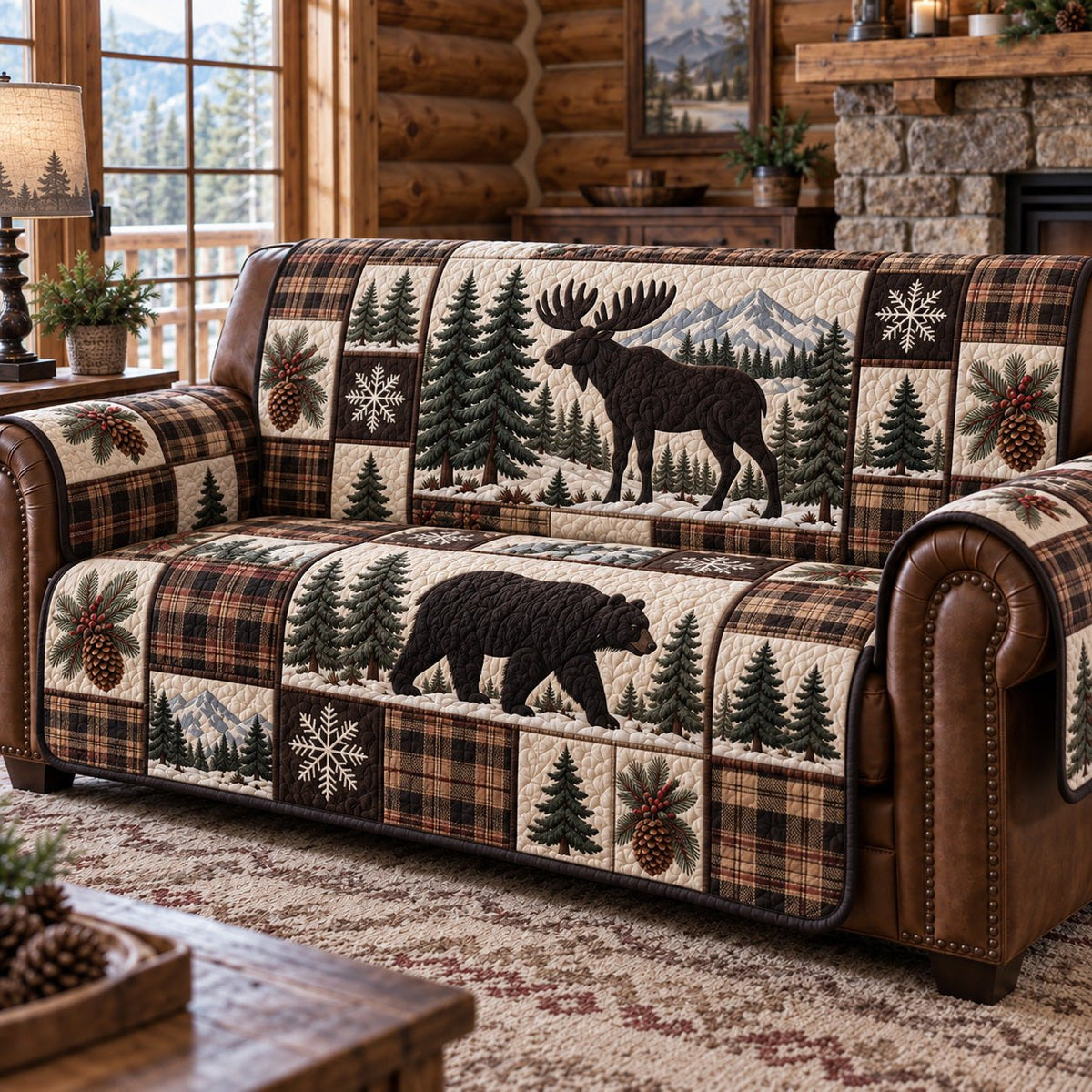 Moose Bear Plaid Silhouette Sofa Cover