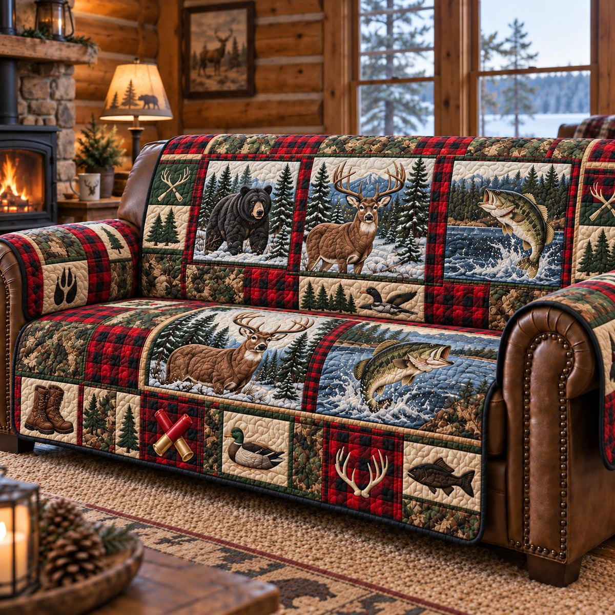 Red Plaid Antler Trout Sofa Cover