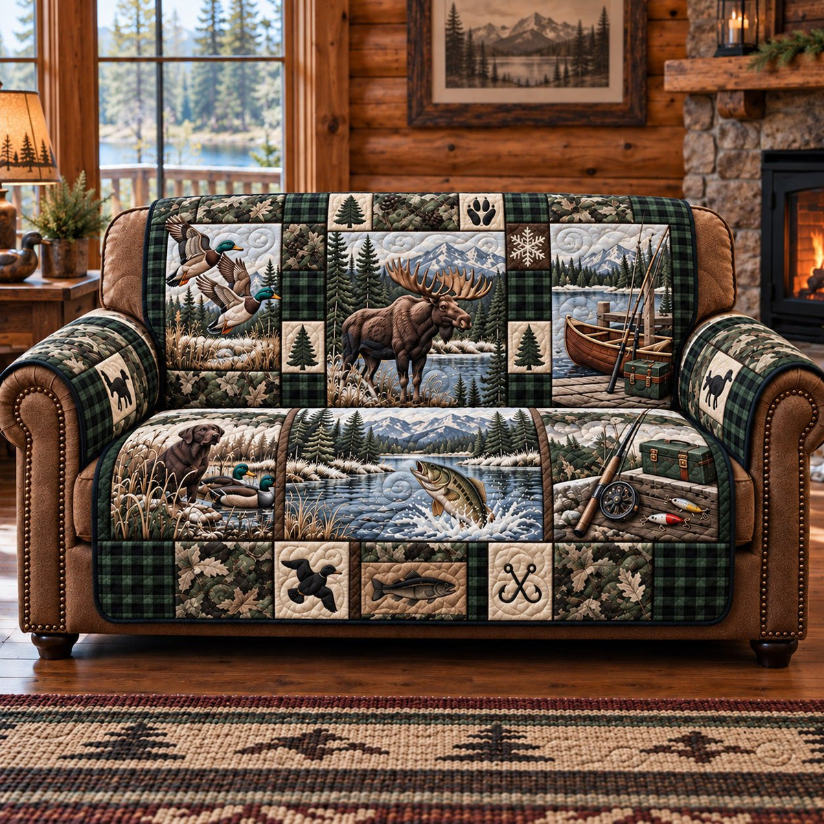 Moose Canoe Green Plaid Sofa Cover