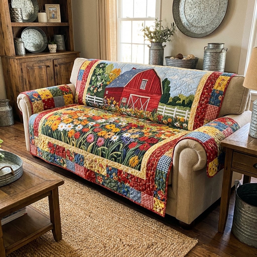 Red Barn with Green Farm Fields Sofa Cover