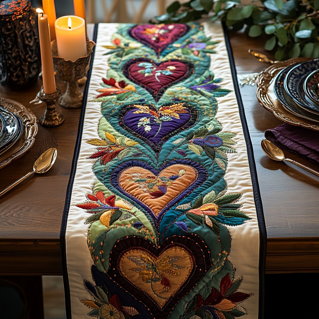 Folk Heart with Green Leaves Table Runner