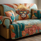 Highland Cow in Sunglasses on Flowers Sofa Cover