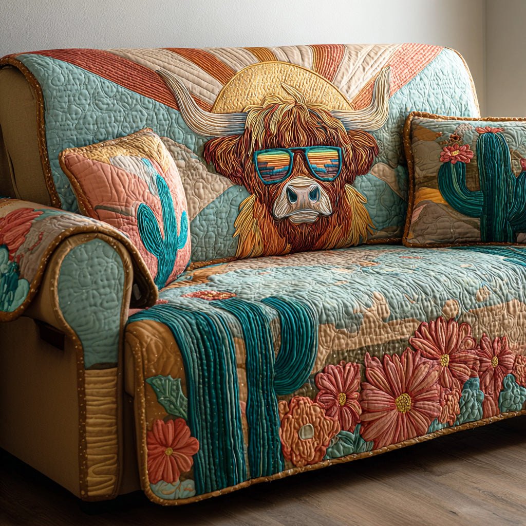 Highland Cow in Sunglasses on Flowers Sofa Cover