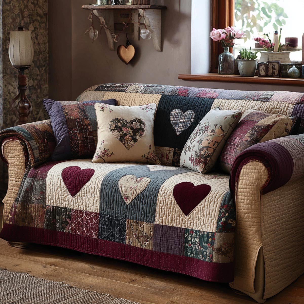 Hearts on Grey and Purple Patchwork Sofa Cover