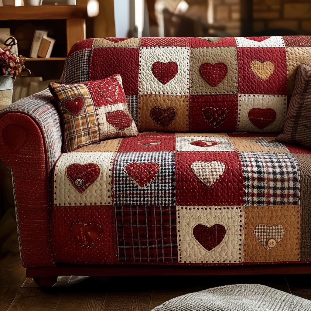 Hearts on Red and Cream Plaid Sofa Cover