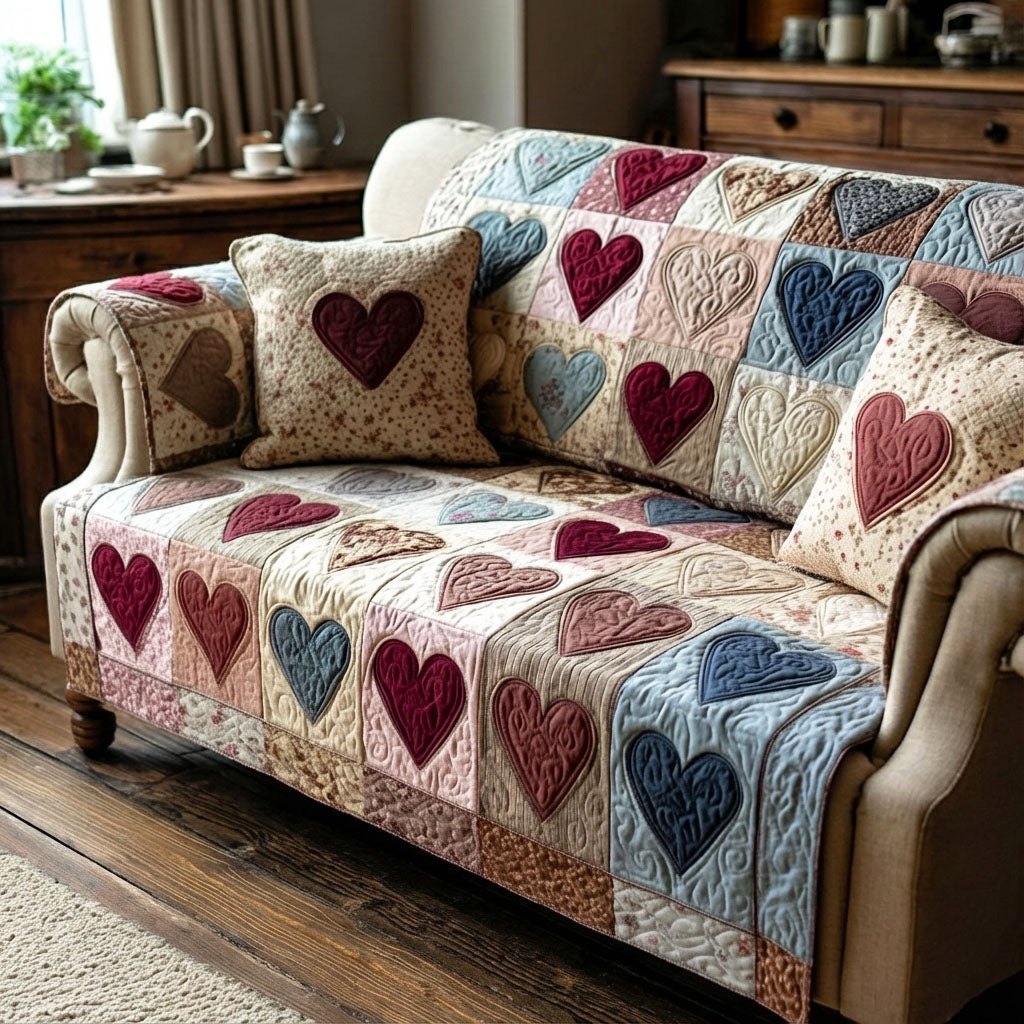 Hearts on Cream with Blue and Red Sofa Cover