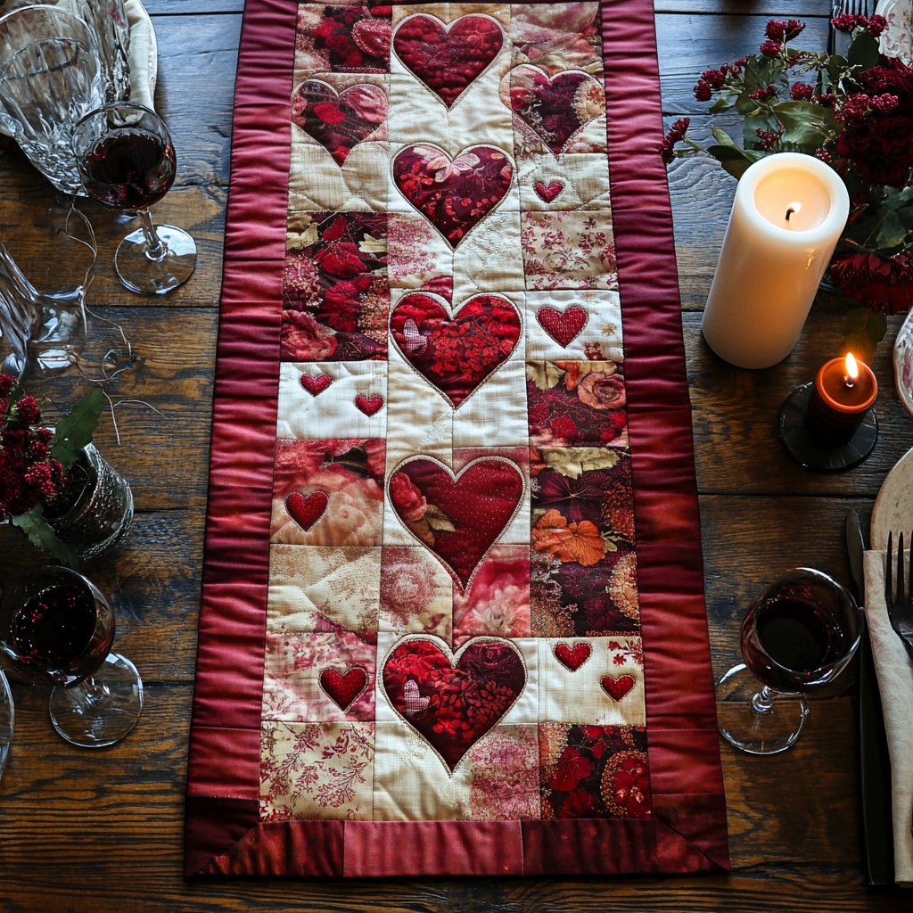 Rustic Love Red Hearts in Patchwork Blocks Table Runner