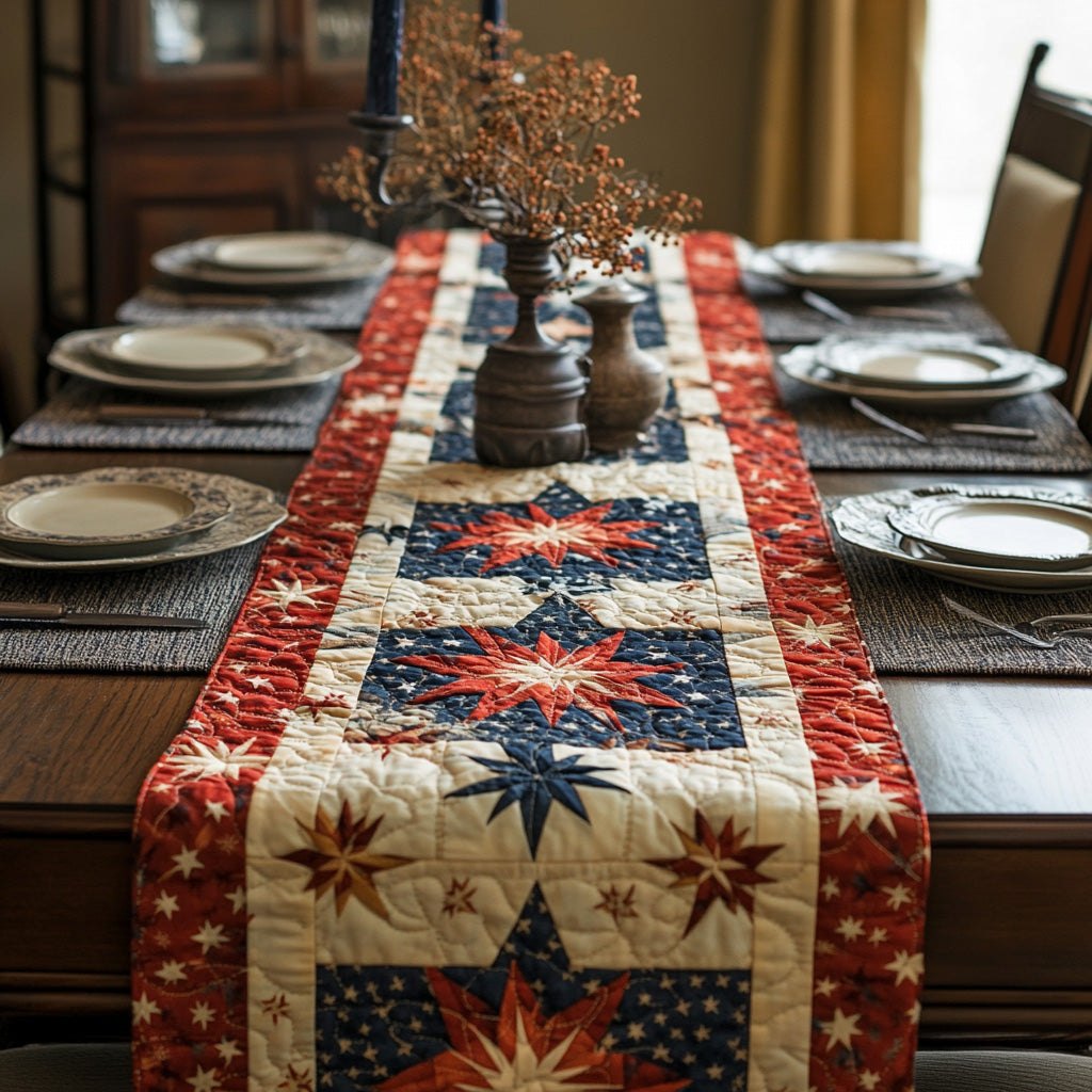 Patriotic Star Blocks on Cream Table Runner