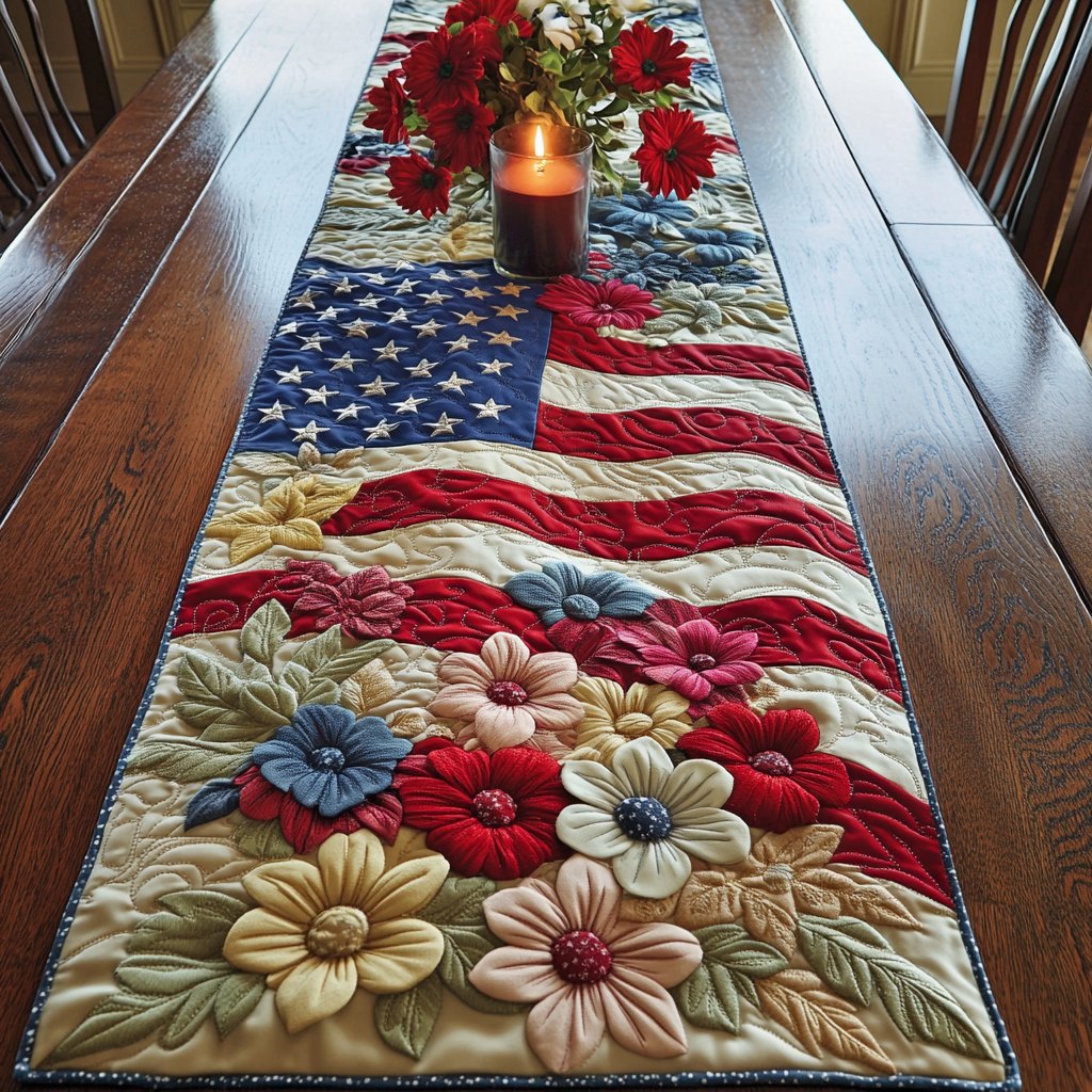 American Flag with Cream Flowers Table Runner