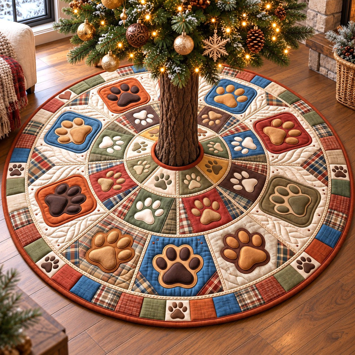 Framed Squares Rustic Paw Prints Christmas Tree Skirt