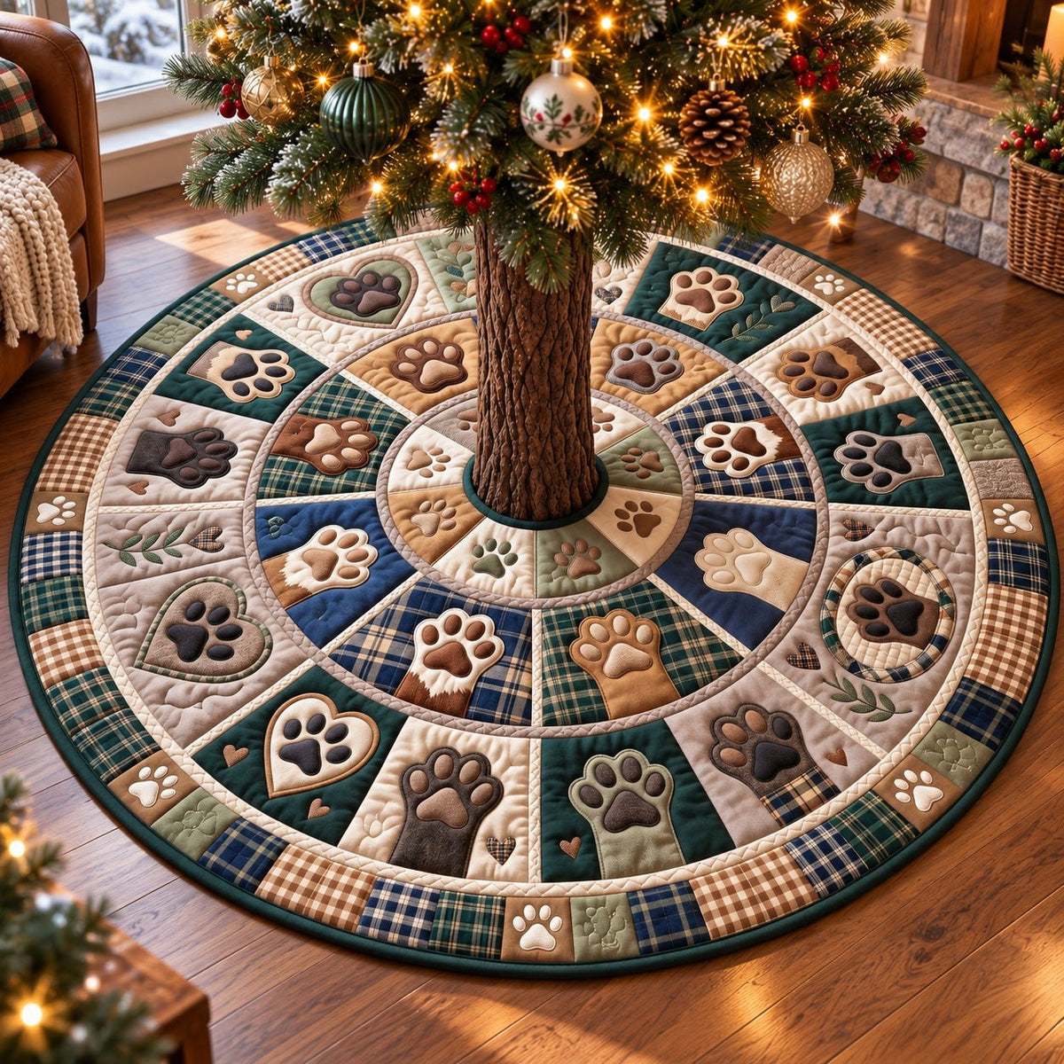 Navy Plaid Rustic Paw Prints Christmas Tree Skirt