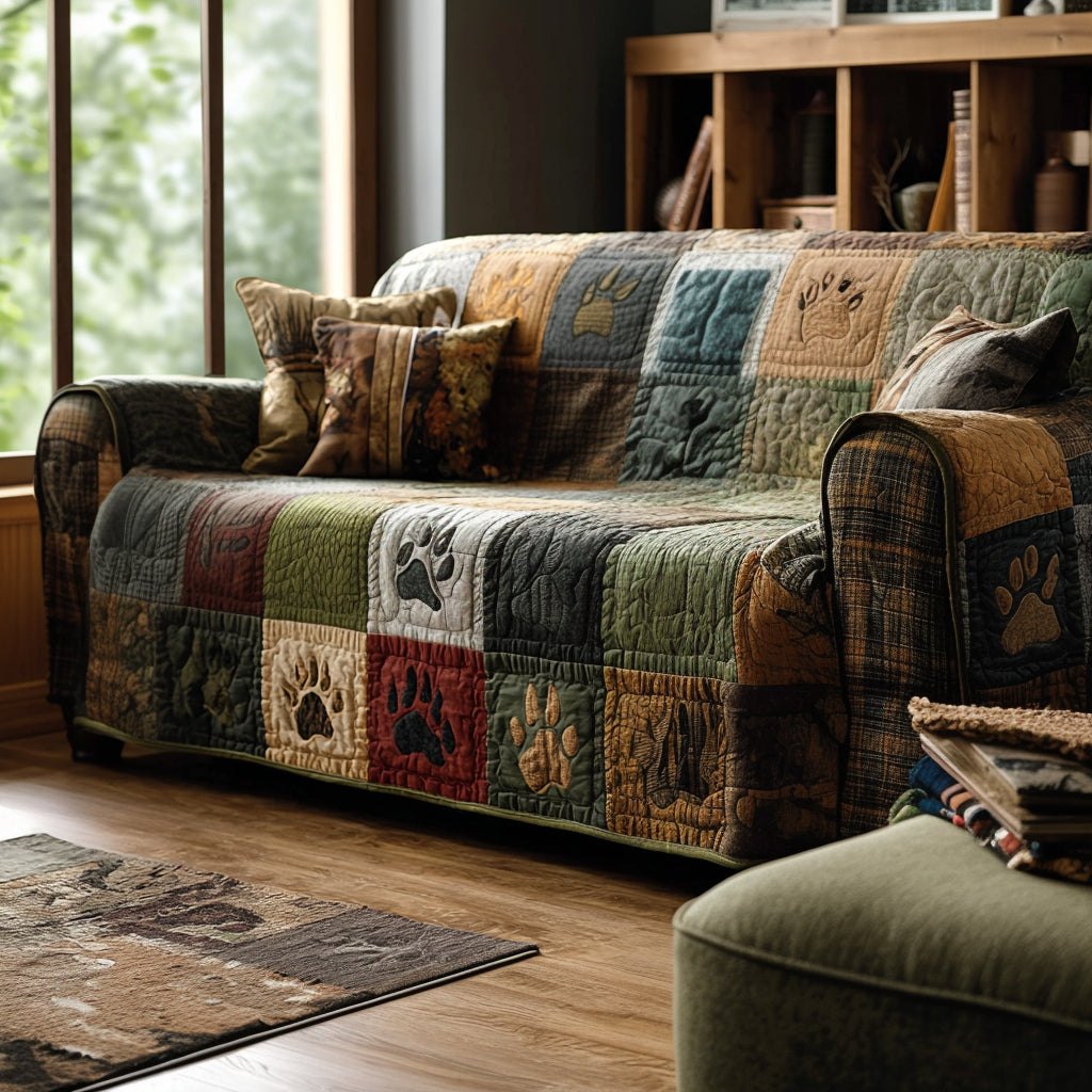 Paw Prints on Olive and Charcoal Blocks Sofa Cover