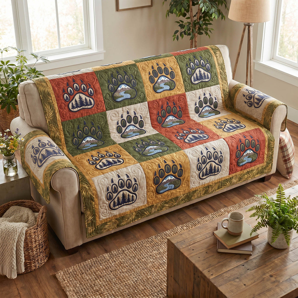 Paw Prints in Sandstone and Sage Sofa Cover