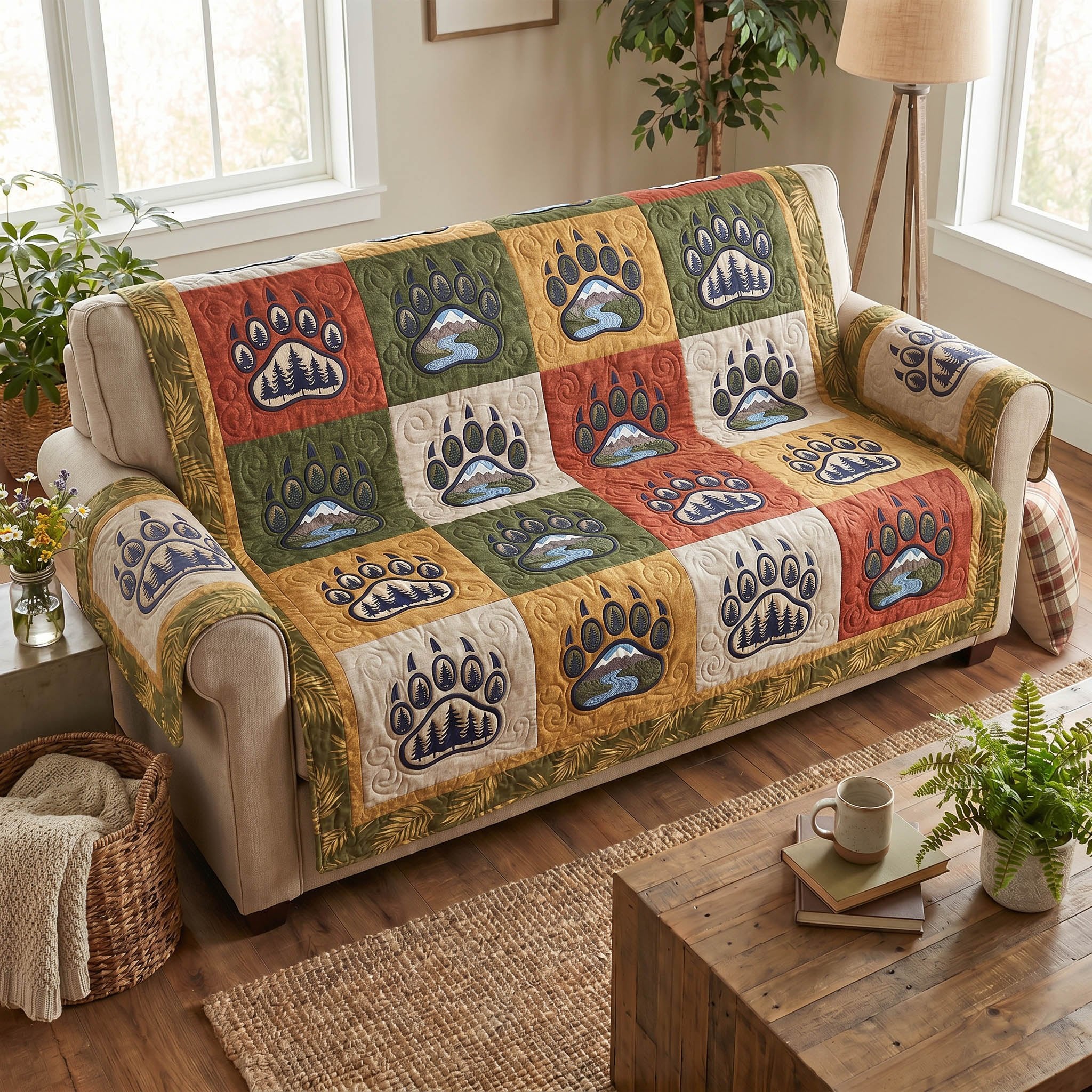 Paw Prints in Sandstone and Sage Sofa Cover