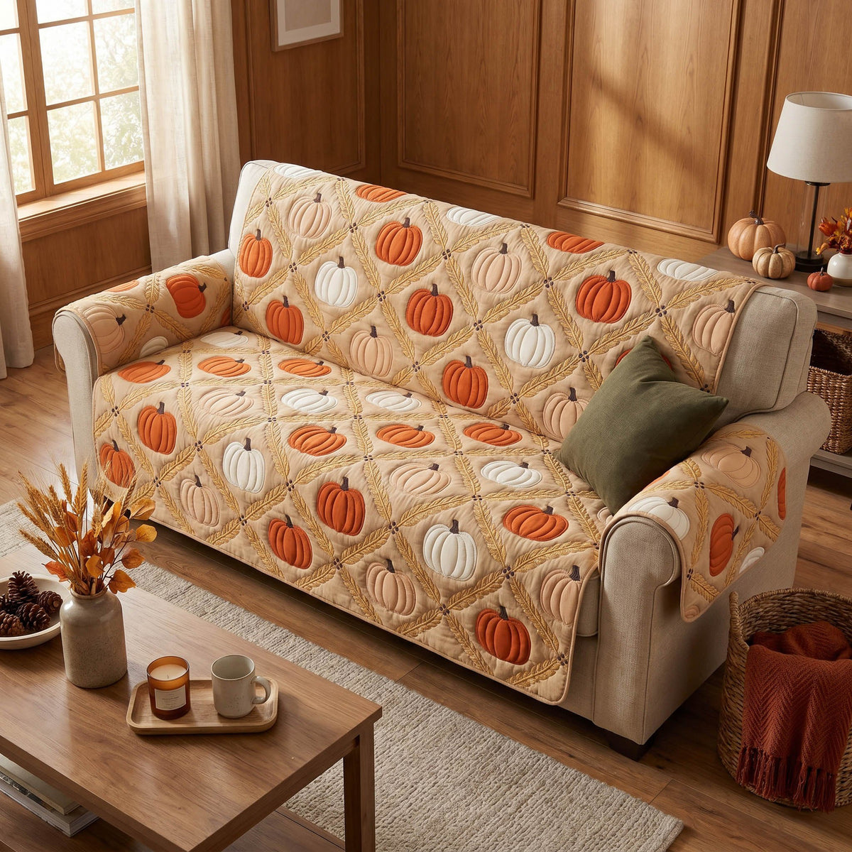 Pumpkins on Soft Cream Quilt Sofa Cover