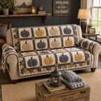 Pumpkins on Navy and Cream Squares Sofa Cover