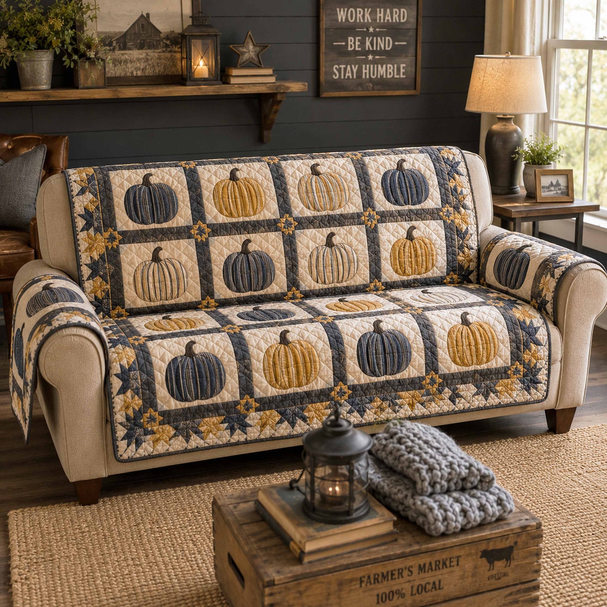 Pumpkins on Navy and Cream Squares Sofa Cover