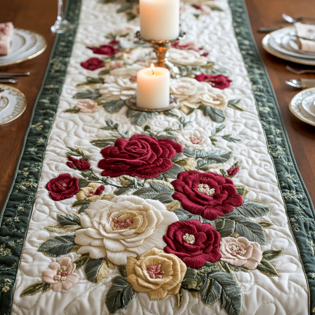 Red and Cream Roses on Green Table Runner