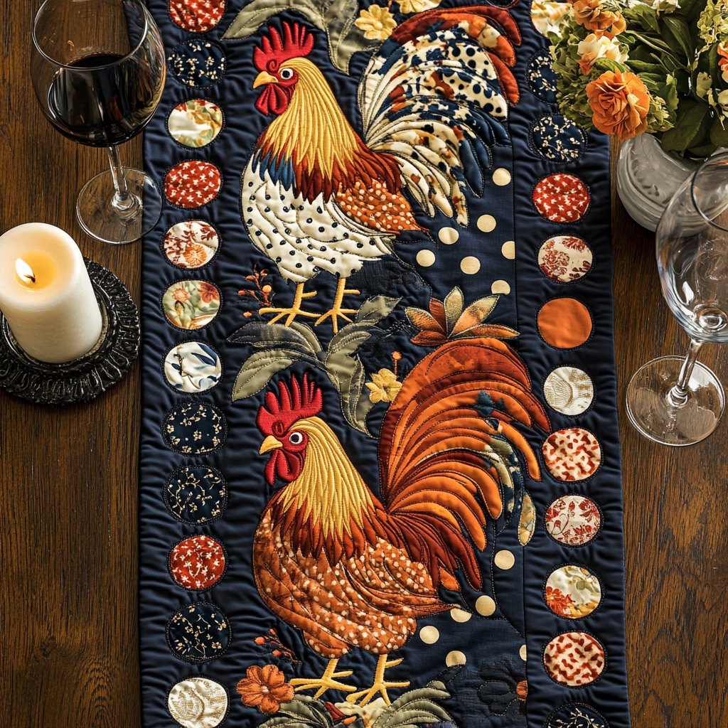 Roosters on Navy with Circles Table Runner