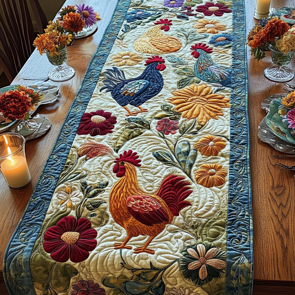 Rooster with Flowers on Blue Table Runner