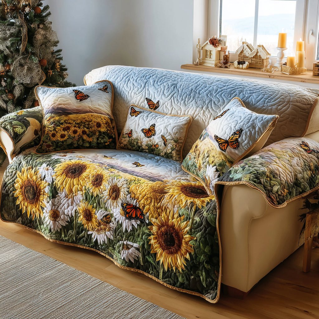 Sunflowers with Butterflies on Blue Sofa Cover