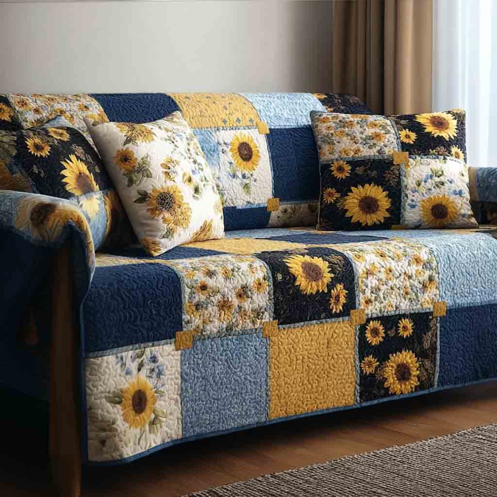 Sunflowers on Navy and Cream Squares Sofa Cover