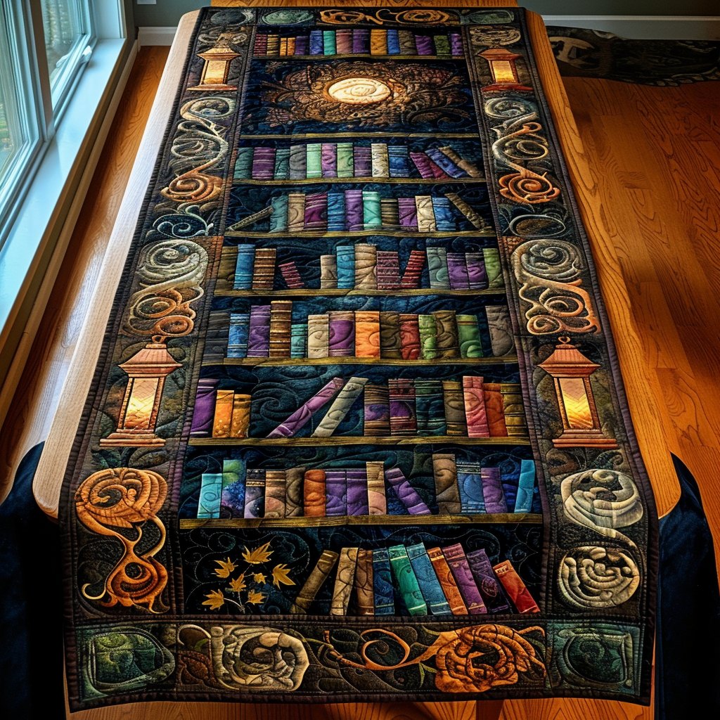 Colorful Bookshelf with Lanterns Table Runner