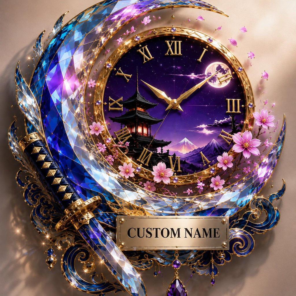 Crescent katana Custom Name Wall Clock — personalized with a custom name
