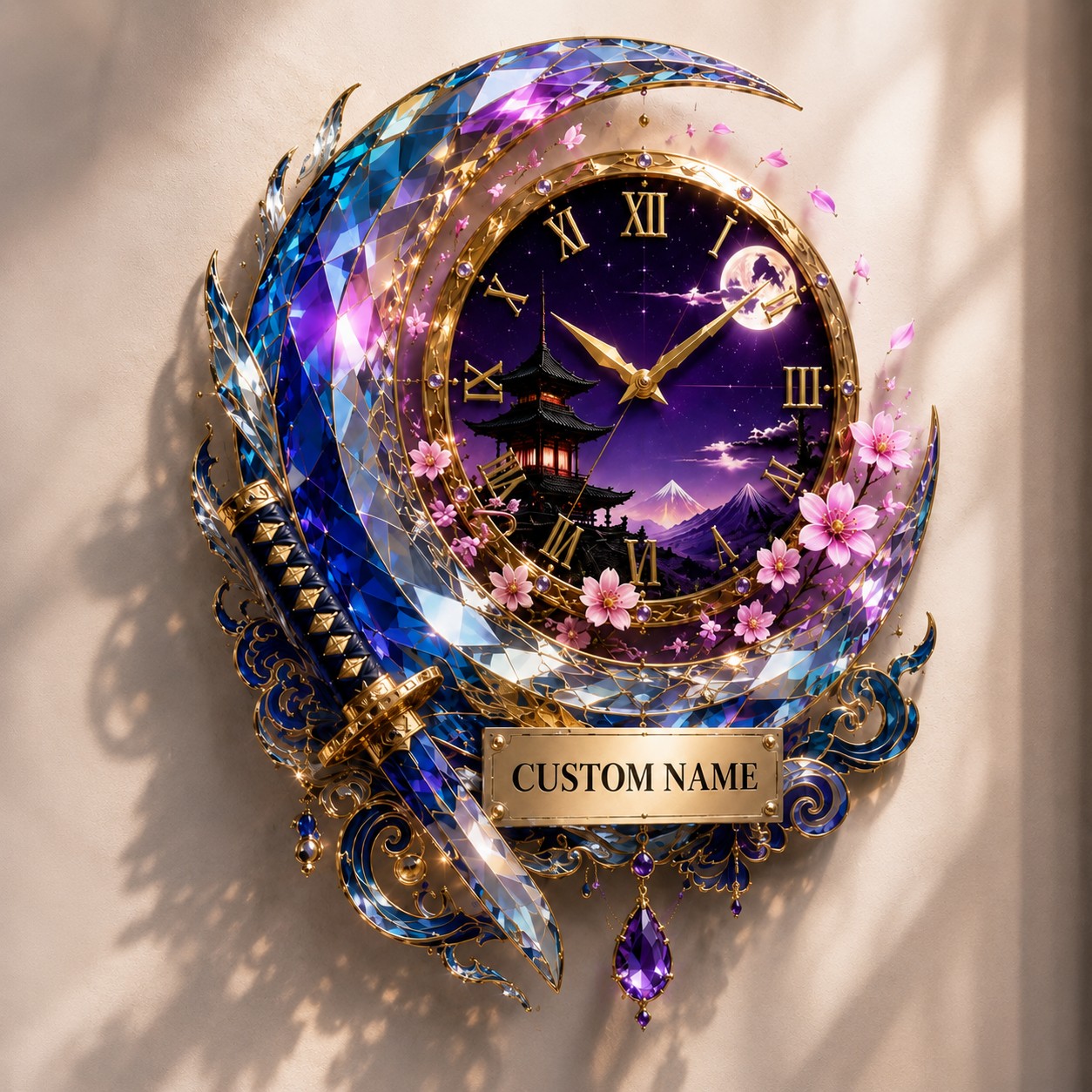 Crescent katana Custom Name Wall Clock — personalized with a custom name