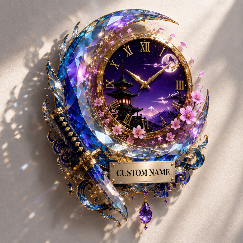 Crescent katana Custom Name Wall Clock — personalized with a custom name