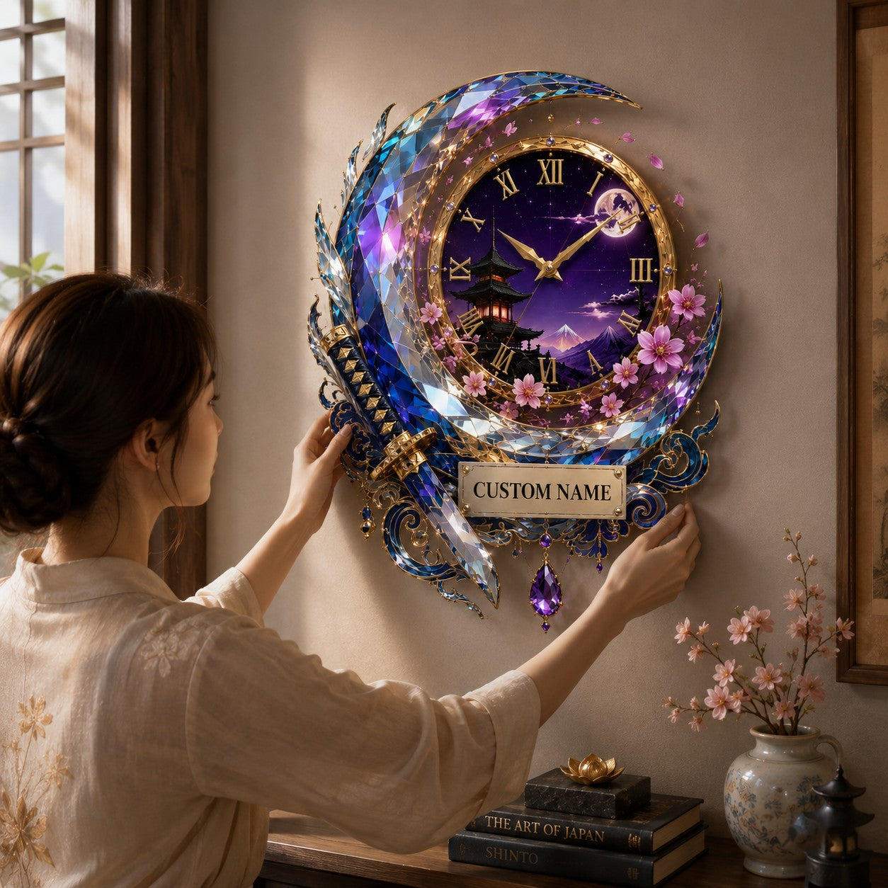 Crescent katana Custom Name Wall Clock — personalized with a custom name