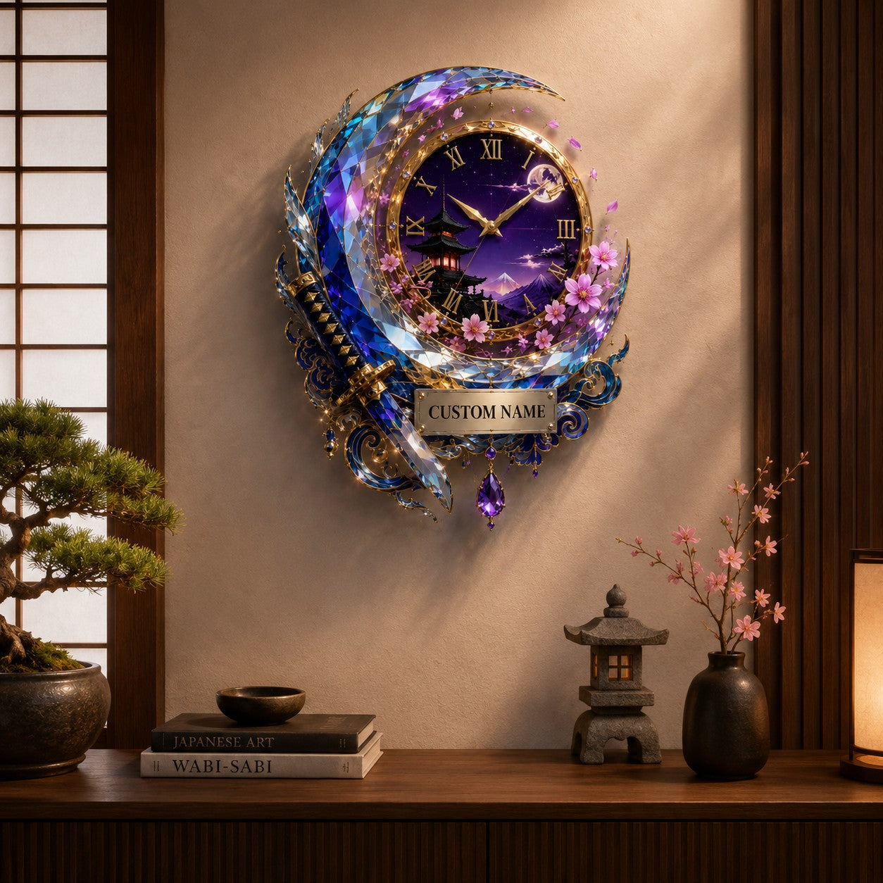 Crescent katana Custom Name Wall Clock — personalized with a custom name