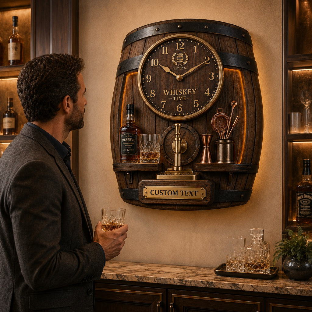Whiskey barrel Custom Name Wall Clock — personalized with a custom name