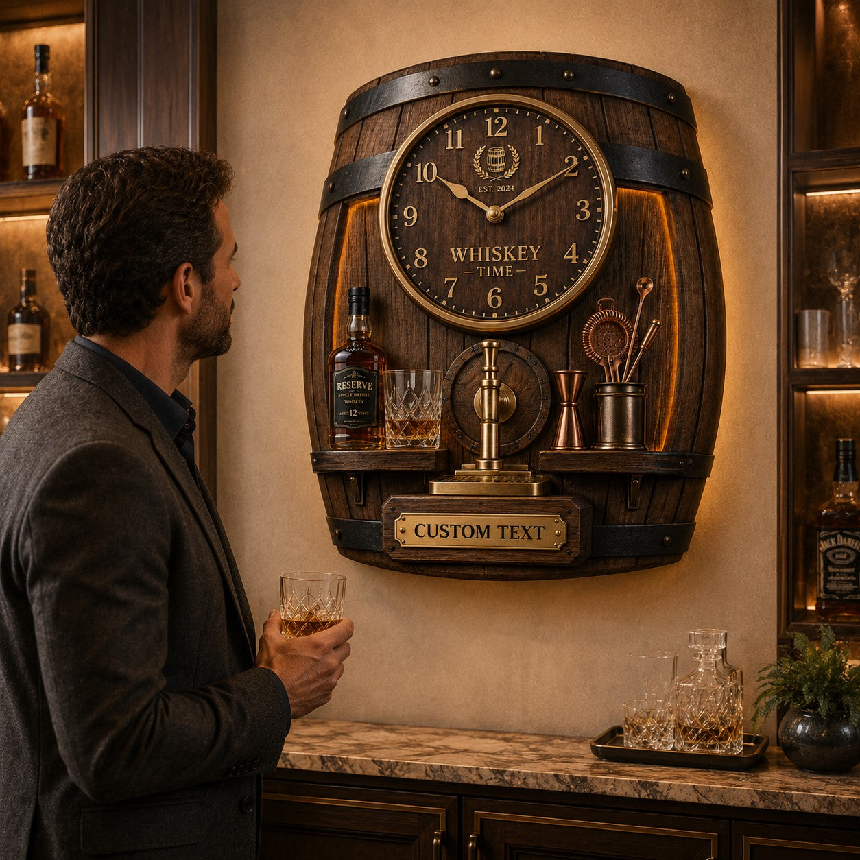 Whiskey barrel Custom Name Wall Clock — personalized with a custom name