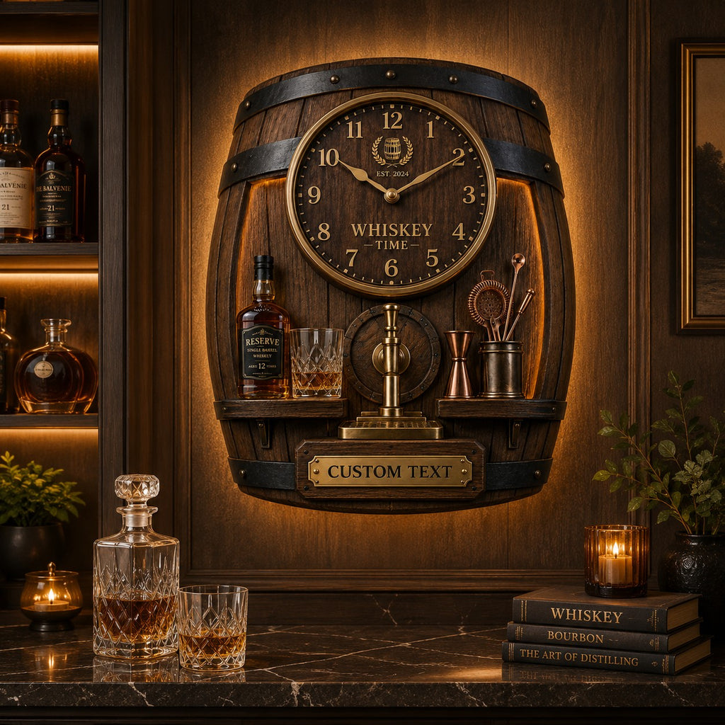 Whiskey barrel Custom Name Wall Clock — personalized with a custom name